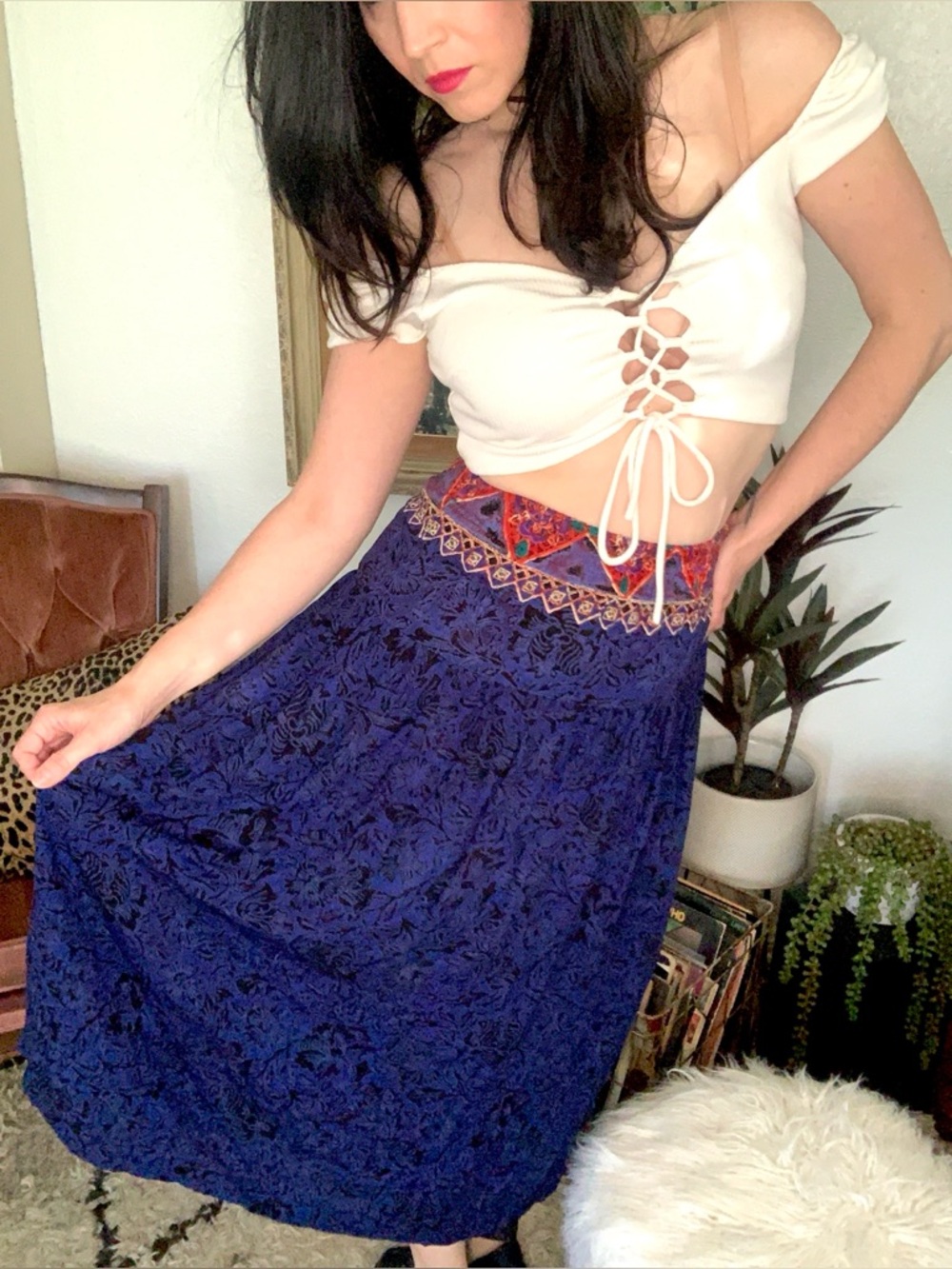 Vintage Carole Little Deep Blue Decorative Waist Maxi Skirt